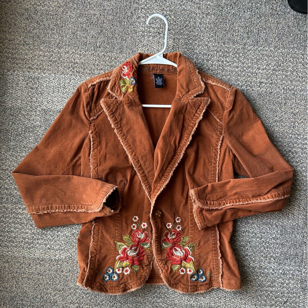 Rust Corduroy Jacket with Floral Embroidery